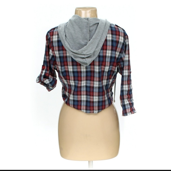 Dots Button-up Hooded Plaid Tie-up Shirt - Picture 2 of 2